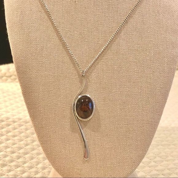Modern Tiger’s Eye Sterling Silver Necklace and Pendant Delicate Abstract Design - Picture 1 of 3